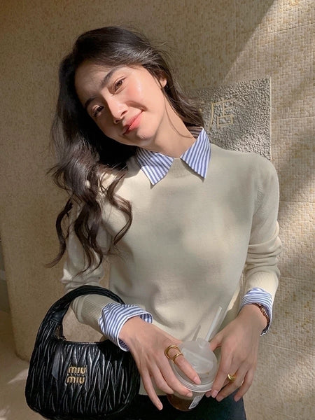Blair Statement Tops with Attached Sweater - lifestyle shot on model, beige - Miss Mosa By Akanksha