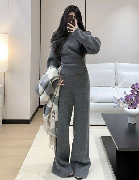 Blanche Premium Winter Coord Set - full-length shot, grey - Miss Mosa By Akanksha