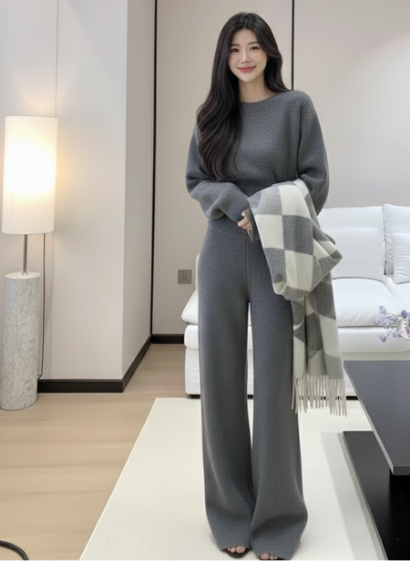 Blanche Premium Winter Coord Set - full-length shot, grey - Miss Mosa By Akanksha