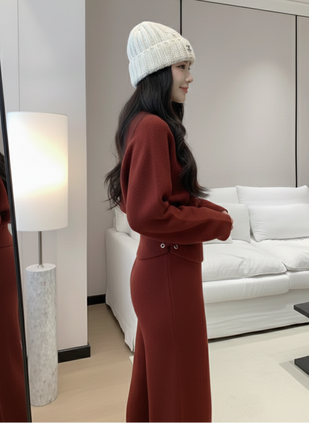 Blanche Premium Winter Coord Set - side shot, rust red - Miss Mosa By Akanksha