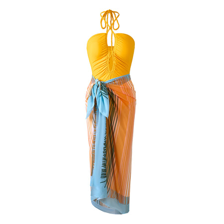 Bliss Beach Swimsuit With Sarong - product shot of swimsuit and sarong, yellow with orange and blue striped sarong - Miss Mosa By Akanksha