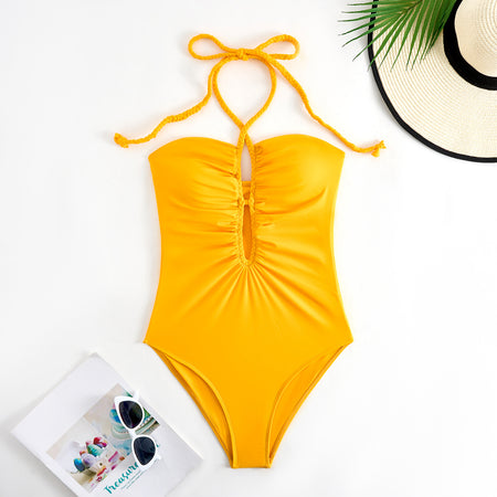 Bliss Beach Swimsuit With Sarong - flat-lay product shot of swimsuit, yellow - Miss Mosa By Akanksha