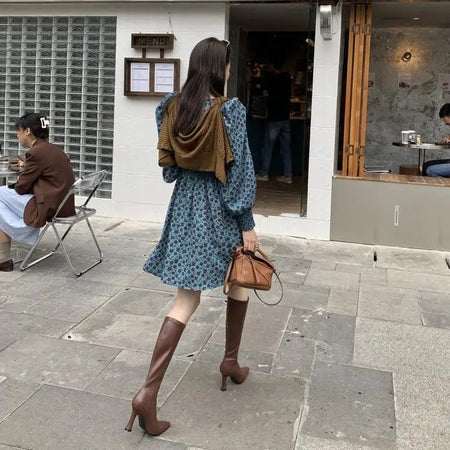 Blythe Pointed Leather Boots - back styling shot on model outdoors, brown - Miss Mosa By Akanksha