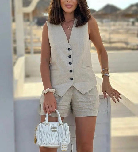 Bodrum Linen Coord Set - front shot on model, beige - Miss Mosa By Akanksha