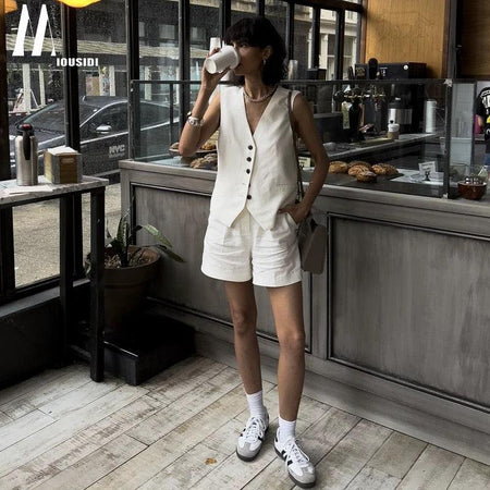 Bodrum Linen Coord Set - front shot on model, white - Miss Mosa By Akanksha