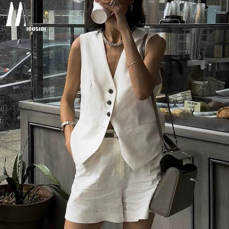 Bodrum Linen Coord Set - front shot on model, white - Miss Mosa By Akanksha