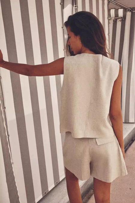 Bodrum Linen Coord Set - back shot on model, beige - Miss Mosa By Akanksha