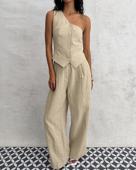 Boled Statement Vest Suit with Pants in Khaki - front shot on model, khaki - Miss Mosa By Akanksha