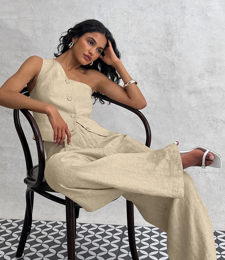 Boled Statement Vest Suit with Pants in Khaki - lifestyle shot on model, khaki - Miss Mosa By Akanksha