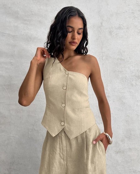 Boled Statement Vest Suit with Pants in Khaki - close-up of fabric texture, khaki - Miss Mosa By Akanksha