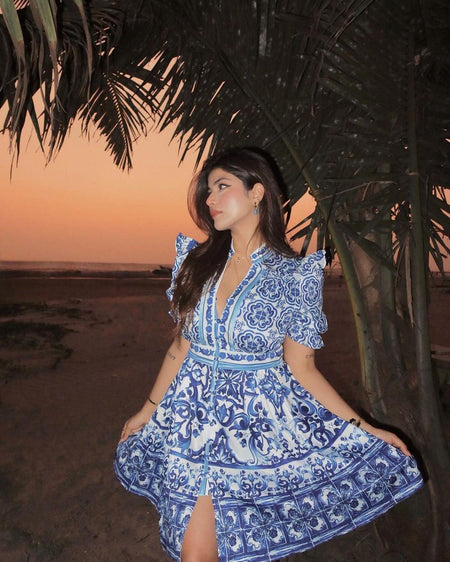 Bologna Porcelain Summer Vintage Dress - full-length shot on model, blue - Miss Mosa By Akanksha