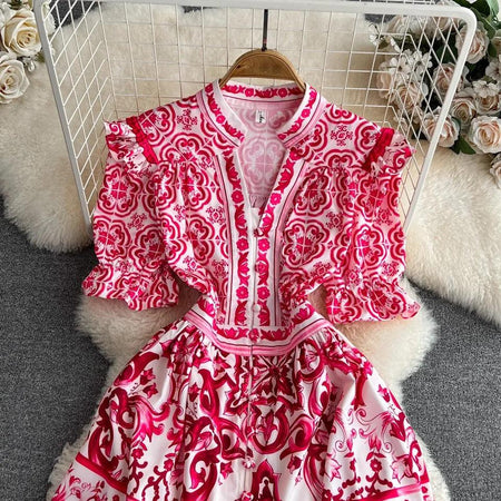 Bologna Porcelain Summer Vintage Dress - styled flat-lay shot, pink - Miss Mosa By Akanksha