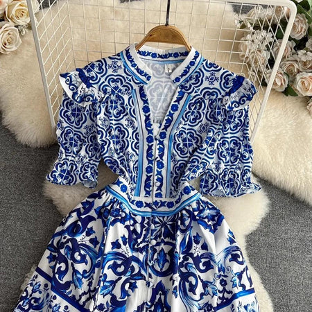 Bologna Porcelain Summer Vintage Dress - styled flat-lay shot, blue - Miss Mosa By Akanksha