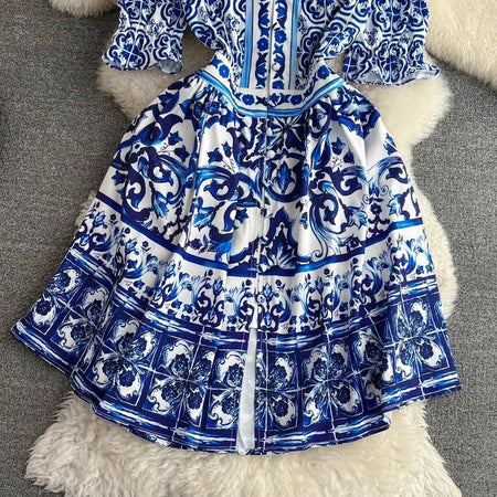 Bologna Porcelain Summer Vintage Dress - styled flat-lay shot, blue - Miss Mosa By Akanksha