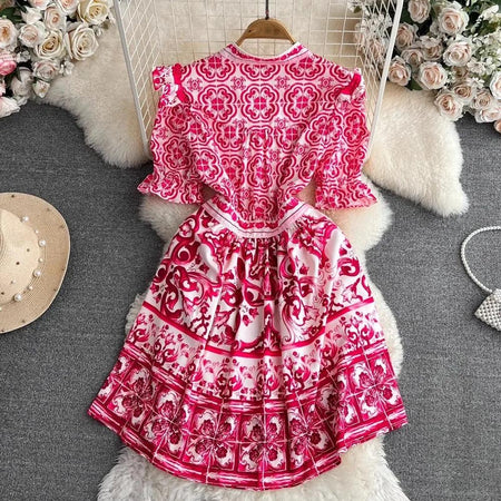 Bologna Porcelain Summer Vintage Dress - styled flat-lay shot, pink - Miss Mosa By Akanksha