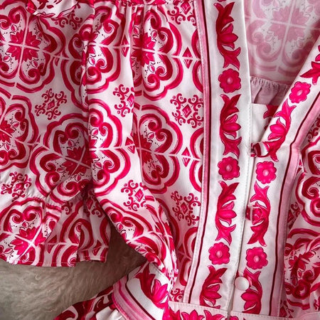 Bologna Porcelain Summer Vintage Dress - close-up of print, pink - Miss Mosa By Akanksha