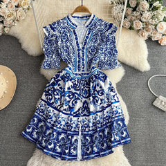 Bologna Porcelain Summer Vintage Dress - styled flat-lay shot, blue - Miss Mosa By Akanksha