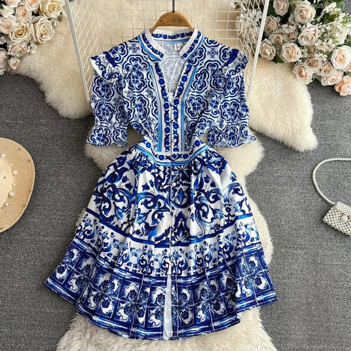 Bologna Porcelain Summer Vintage Dress In Blue