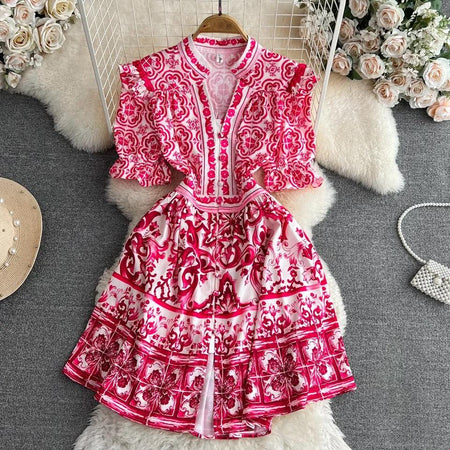 Bologna Porcelain Summer Vintage Dress - styled flat-lay shot, pink - Miss Mosa By Akanksha