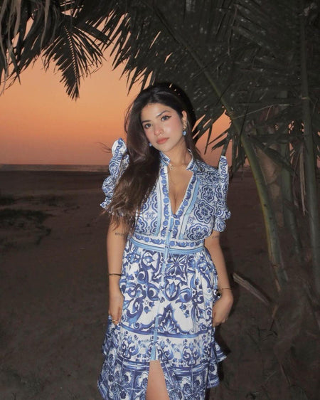 Bologna Porcelain Summer Vintage Dress - lifestyle shot on model, blue - Miss Mosa By Akanksha