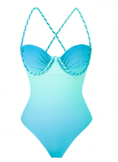 Bondi Swimsuit With Skirt - flat-lay front shot, turquoise ombre - Miss Mosa By Akanksha