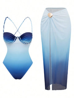 Bondi Swimsuit With Skirt - flat-lay set shot, blue ombre - Miss Mosa By Akanksha