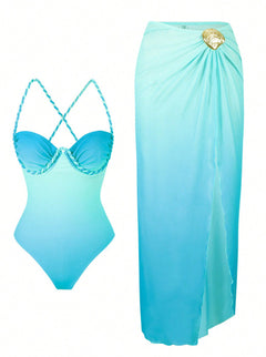 Bondi Swimsuit With Skirt - flat-lay set shot, turquoise ombre - Miss Mosa By Akanksha
