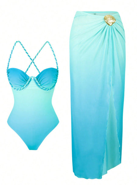Bondi Swimsuit With Skirt - flat-lay set shot, turquoise ombre - Miss Mosa By Akanksha