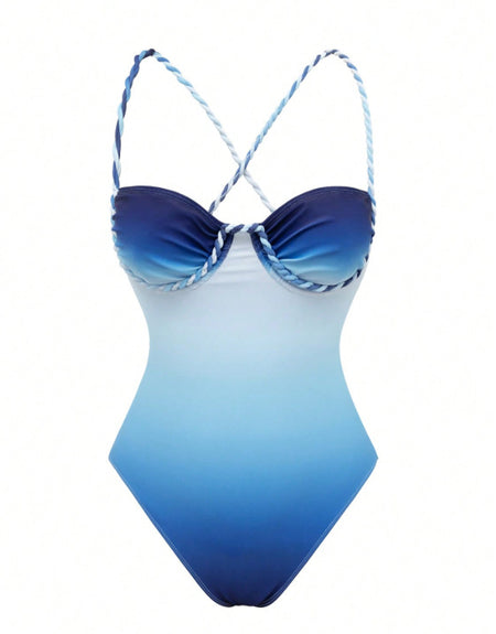 Bondi Swimsuit With Skirt - flat-lay front shot, blue ombre - Miss Mosa By Akanksha