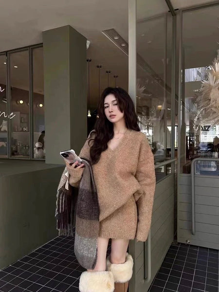 Bosco Winter Coord Set - Set of Sweater and Skirt - full-length front shot on model, camel - Miss Mosa By Akanksha