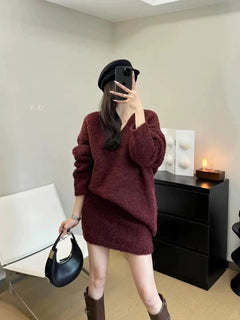Bosco Winter Coord Set - Set of Sweater and Skirt - full-length front shot on model, maroon - Miss Mosa By Akanksha