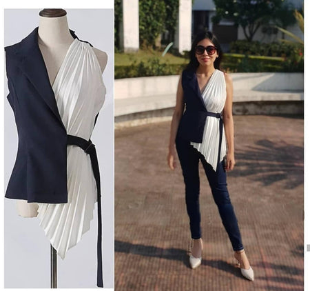 Bracello Half and Half Blouse In Black - front shot on mannequin and model, navy and white - Miss Mosa By Akanksha