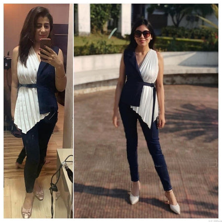 Bracello Half and Half Blouse In Black - front shot on model, navy and white - Miss Mosa By Akanksha