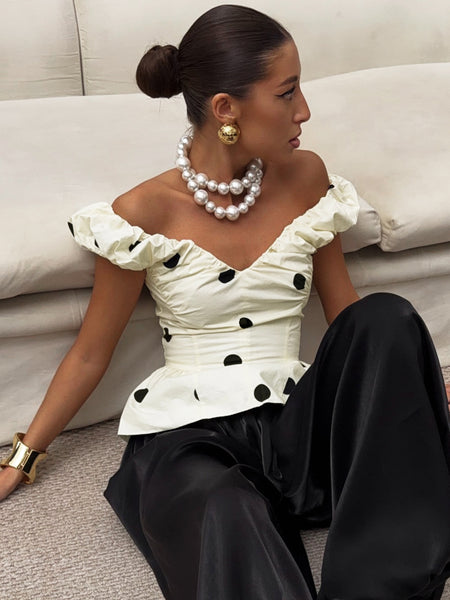 Brady Polka Top - seated shot, cream with black polka dots - Miss Mosa By Akanksha