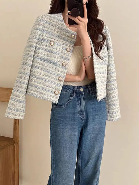 Bravia Statement Woolen Tweed Coat - lifestyle shot on model, blue - Miss Mosa By Akanksha