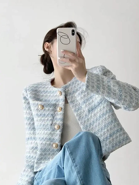 Bravia Statement Woolen Tweed Coat - lifestyle shot on model, blue - Miss Mosa By Akanksha