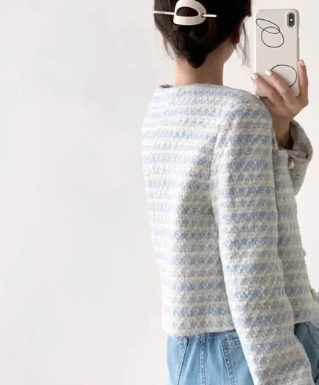 Bravia Statement Woolen Tweed Coat - back shot on model, blue - Miss Mosa By Akanksha