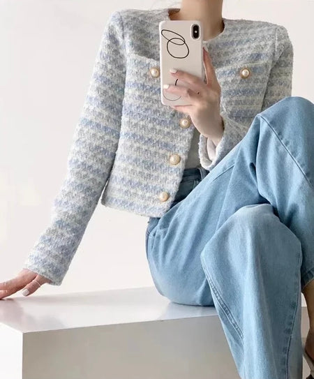 Bravia Statement Woolen Tweed Coat - lifestyle shot on model, blue - Miss Mosa By Akanksha