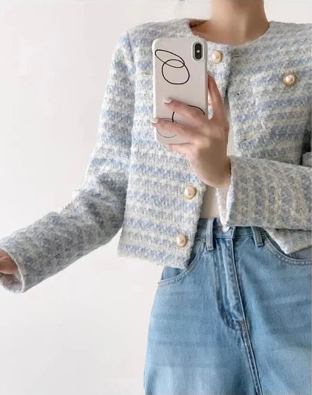 Bravia Statement Woolen Tweed Coat - close-up of embroidery detail, blue - Miss Mosa By Akanksha