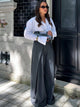 Brenna Straight Pant - full-length shot on model, charcoal grey pinstripe - Miss Mosa By Akanksha