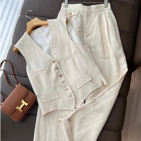 Brizo Statement Vest Suit With Pants In Beige - flat-lay product shot of vest and pants on hangers - Miss Mosa By Akanksha