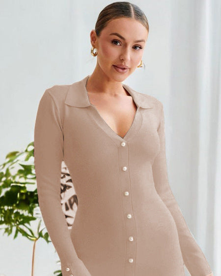 Bronte Luxe Winter Mini Dress In Beige - close-up front shot on model - Miss Mosa By Akanksha