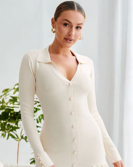 Bronte Luxe Winter Mini Dress In White - close-up front shot on model - Miss Mosa By Akanksha