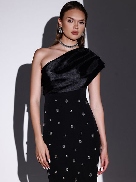 Brooke One Shoulder Embellished Dress - front shot on model, black - Miss Mosa By Akanksha