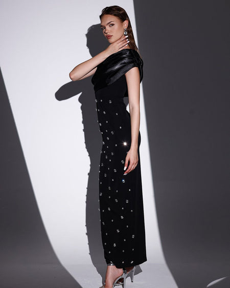 Brooke One Shoulder Embellished Dress - side shot on model, black - Miss Mosa By Akanksha