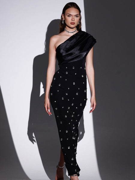 Brooke One Shoulder Embellished Dress - full-length shot on model, black - Miss Mosa By Akanksha