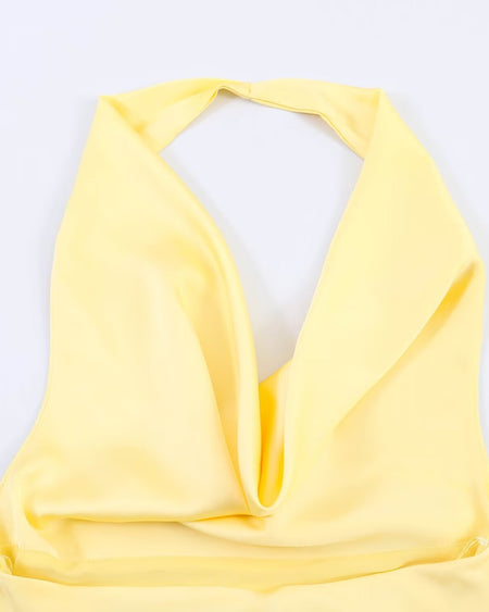 Bruna Halterneck Cowl Mini Dress - flat-lay back shot, pale yellow - Miss Mosa By Akanksha