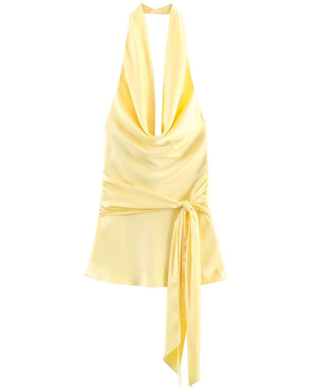 Bruna Halterneck Cowl Mini Dress - flat-lay front shot, pale yellow - Miss Mosa By Akanksha