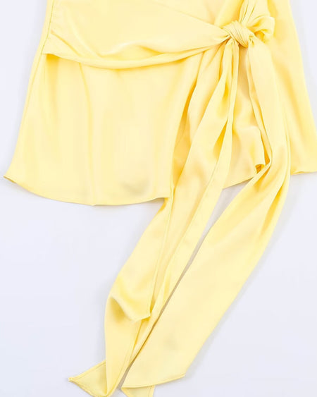 Bruna Halterneck Cowl Mini Dress - flat-lay detail shot, pale yellow - Miss Mosa By Akanksha
