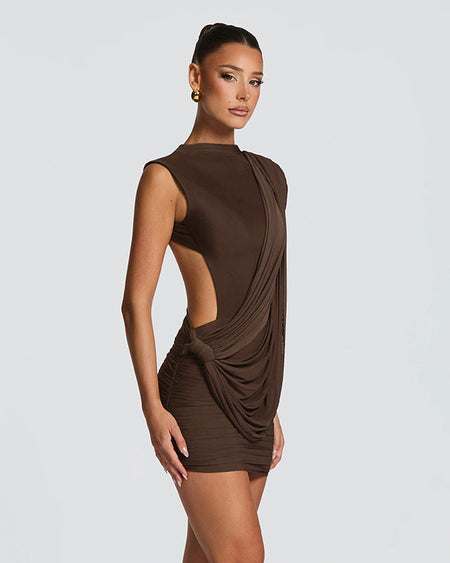 Bruno Backless Mini Dress - three-quarter shot, chocolate brown - Miss Mosa By Akanksha